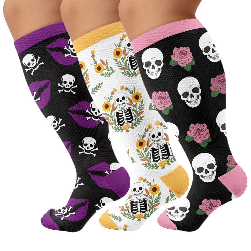 Plusock Plus Size Lip Skeleton Pattern Compression Socks - Multicolor(3 Pairs) - 4XL - image 1