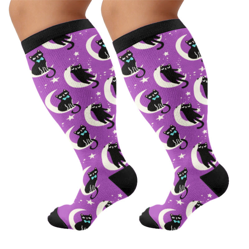 Plusock Plus Size Moon Star Cat Compression Socks - Purple(1 Pair) - 4XL - image 5