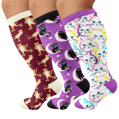 Plusock Plus Size Moon Star Cat Compression Socks - Multicolor(3 Pairs) - 4XL - image 1