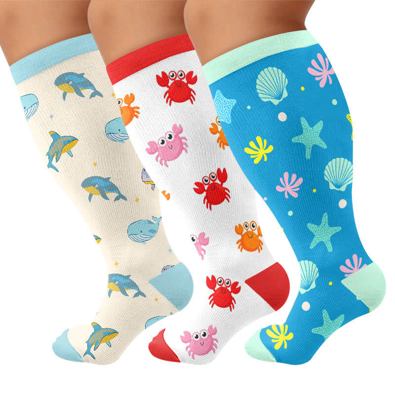 Plusock Plus Size Whale Crab Starfish Compression Socks - Multicolor(3 Pairs) - 4XL - image 1