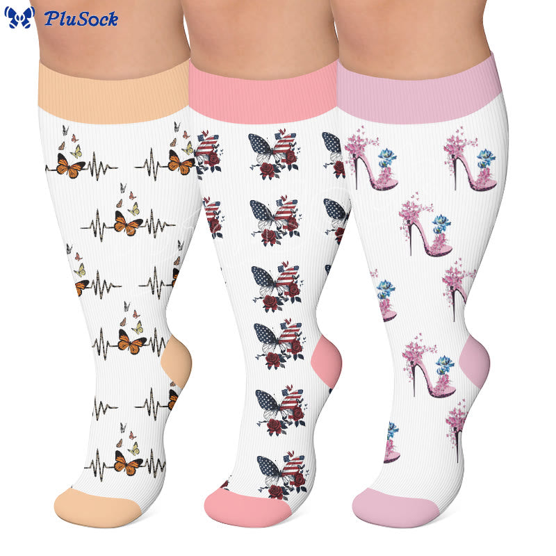 Plusock Plus Size Butterfly Floral Print Compression Socks - image 0