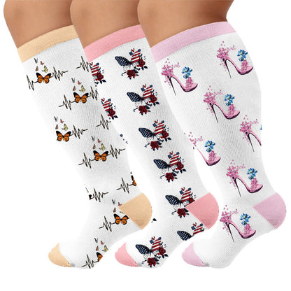 Plusock Plus Size Butterfly Floral Print Compression Socks - Multicolor(3 Pairs) - 4XL - image 1