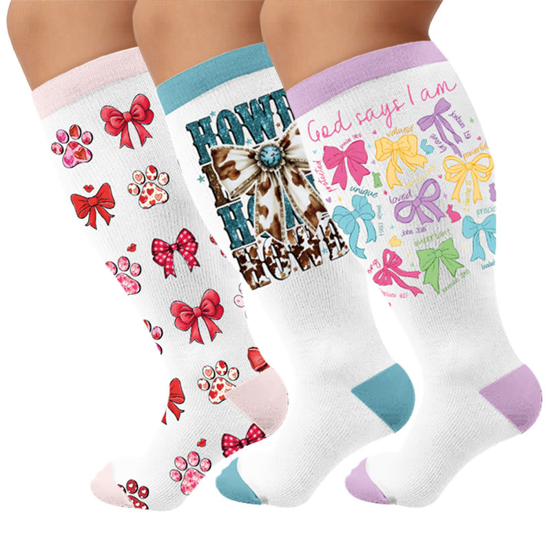 Plusock Plus Size Bow Print Compression Socks - Multicolor(3 Pairs) - 4XL - image 1