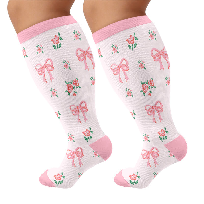Plusock Plus Size Floral Bow Compression Socks - Pink(1 Pair) - 4XL - image 7