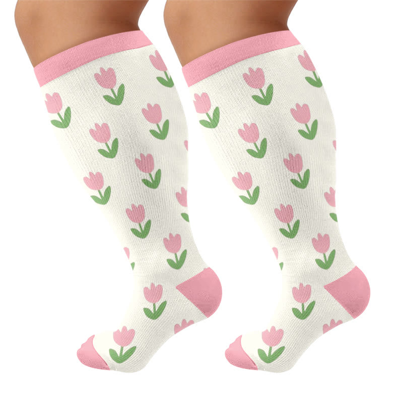 Plusock Plus Size Floral Bow Compression Socks - Apricot(1 Pair) - 4XL - image 6