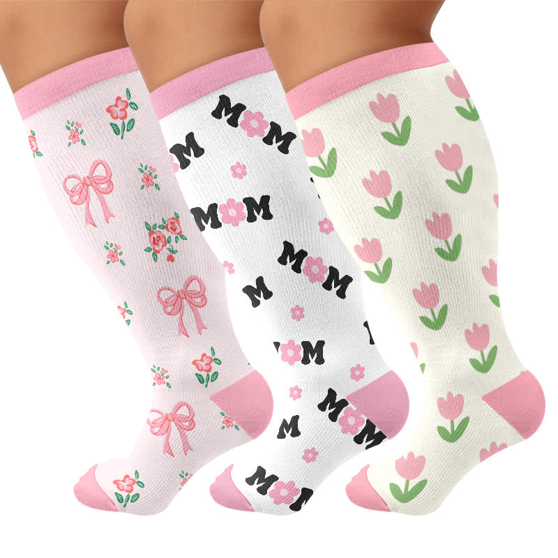 Plusock Plus Size Floral Bow Compression Socks - Multicolor(3 Pairs) - 4XL - image 1