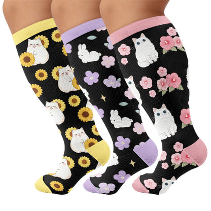 Plusock Plus Size Cat Bunny Flower Compression Socks - Multicolor(3 Pairs) - 4XL - image 1