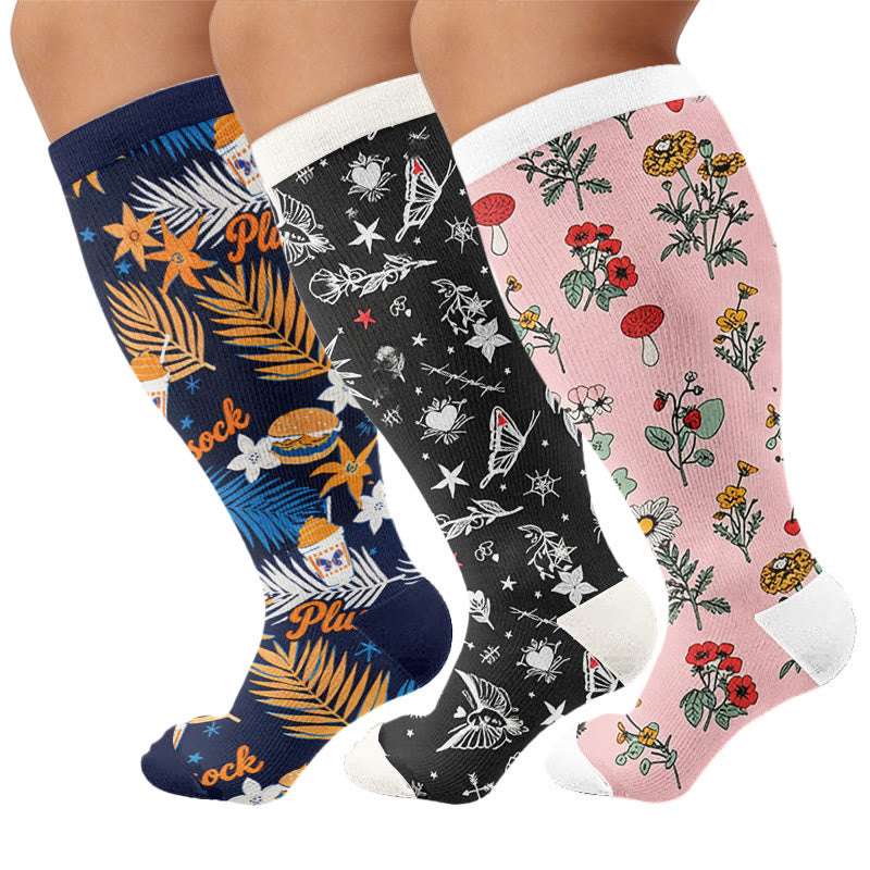 Plusock Plus Sizeloral Feather Star Compression Socks - Multicolor(3 Pairs) - 4XL - image 1