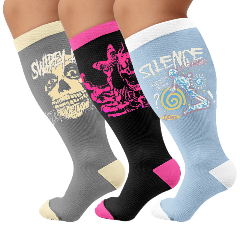 Plusock Plus Size American Retro Skull Print Compression Socks - Multicolor(3 Pairs) - 4XL - image 1