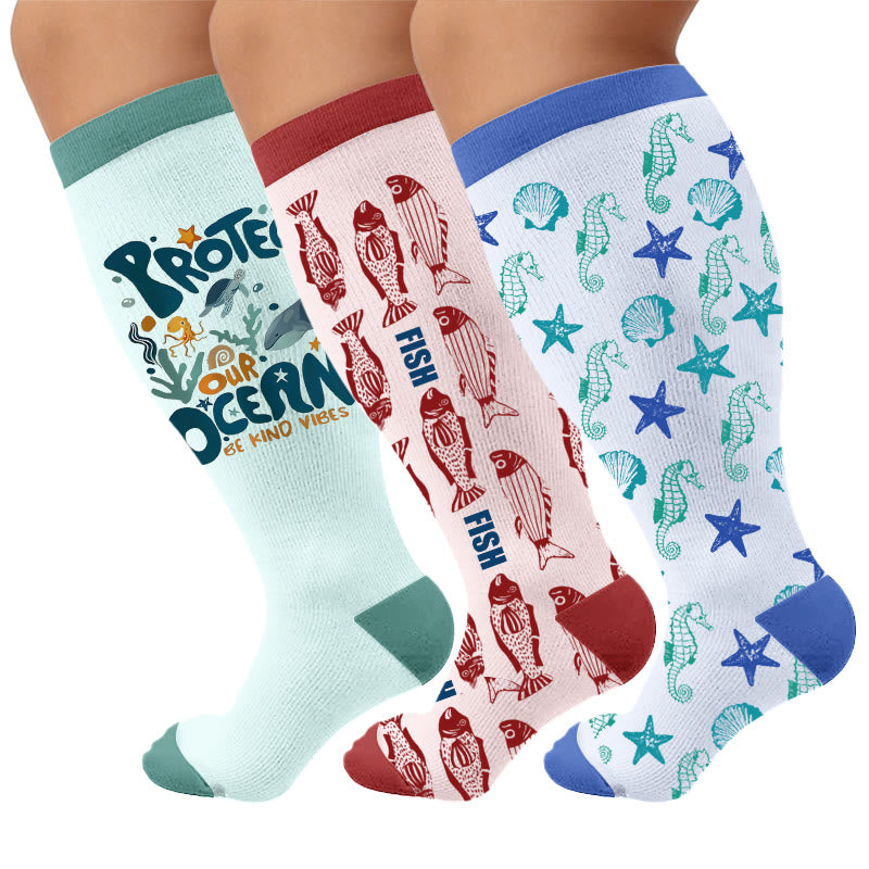 Plusock Plus Size Ocean View Print Stretch Stocks - Multicolor(3 Pairs) - 4XL - image 1