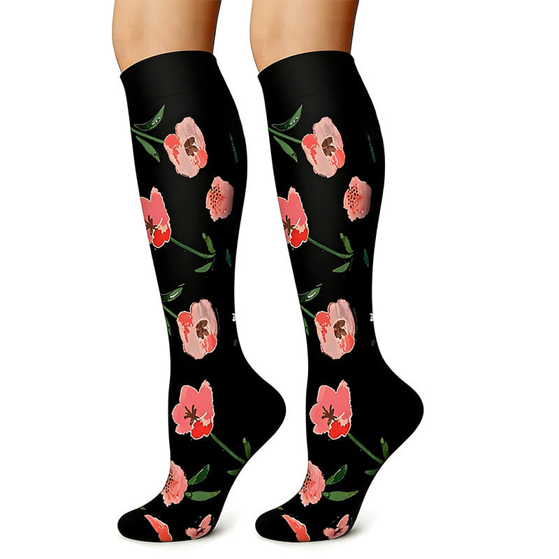 Plusock Black White Floral Knee High Compression Socks(6 Pairs) - image 1