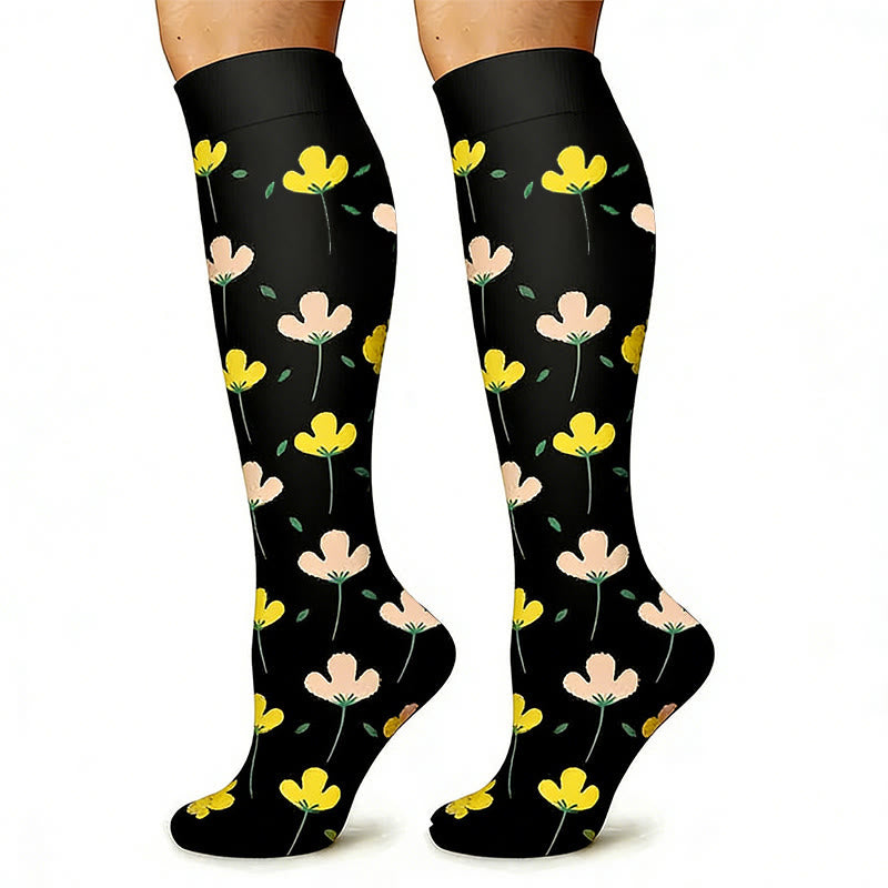 Plusock Black White Floral Knee High Compression Socks(6 Pairs) - image 6