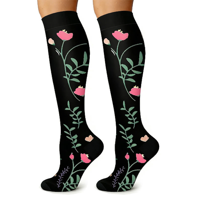 Plusock Black White Floral Knee High Compression Socks(6 Pairs) - image 3