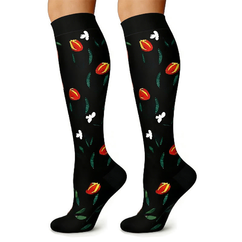 Plusock Black White Floral Knee High Compression Socks(6 Pairs) - image 2