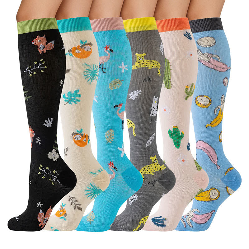 Plusock Cute Animal Plant Print Compression Socks(6 Pairs) - image 1