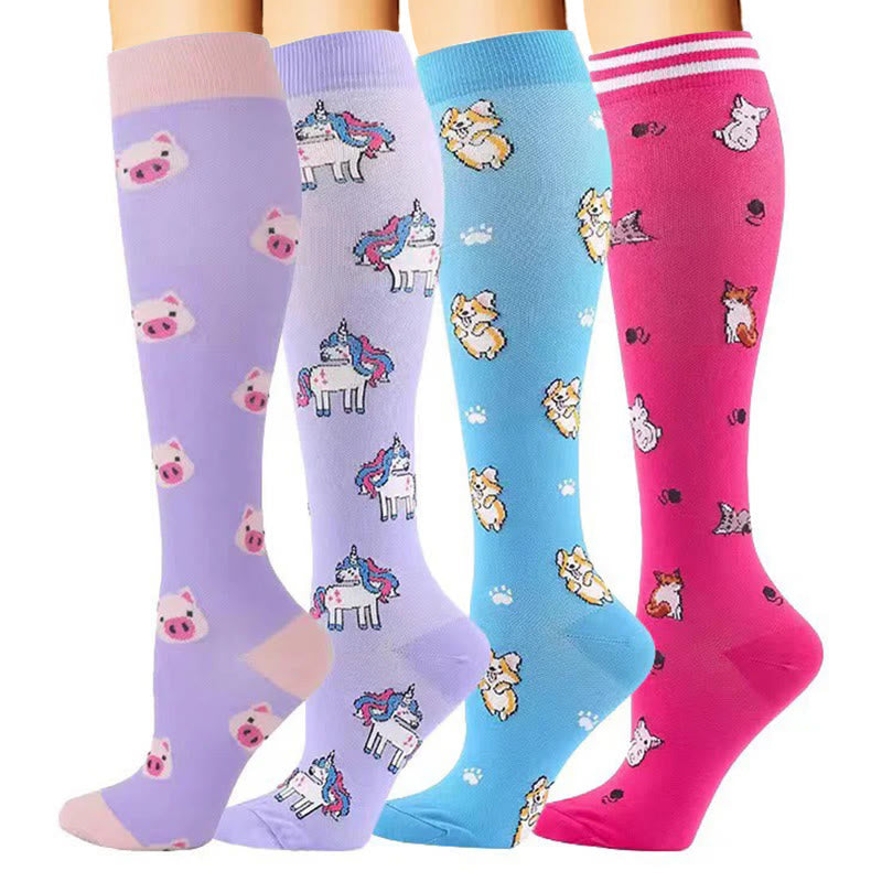 Plusock Pig Corgi Fox Unicorn Compression Socks(4 Pairs) - image 1