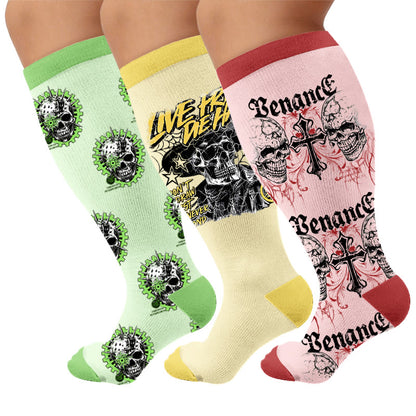 Plusock Plus Size Skull Combination Print Compression Socks - Multicolor(3 Pairs) - 4XL - image 1