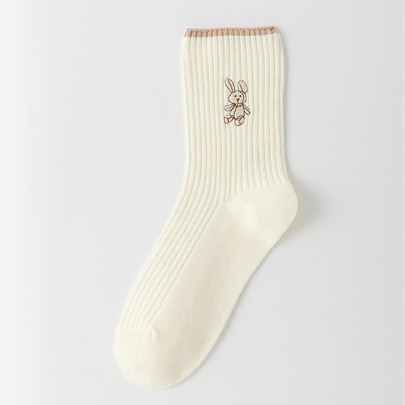 Plusock Rabbit Embroidered Quarter Socks(5 Pairs) - Beige - EU35-40(US2-7) - image 4