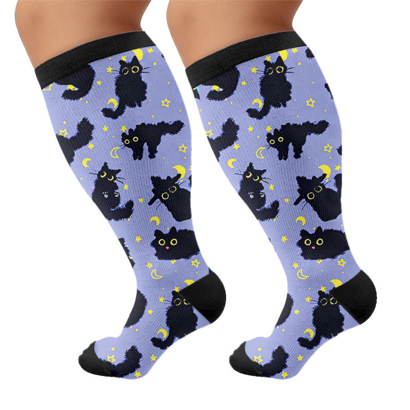 Plusock Plus Size Moonlight Cute Cat Compression Socks - Blue - 4XL - image 7