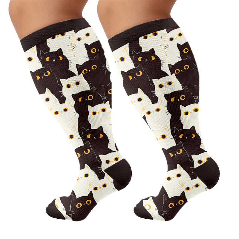 Plusock Plus Size Quirky Cute Cat Compression Socks - Black - 4XL - image 6