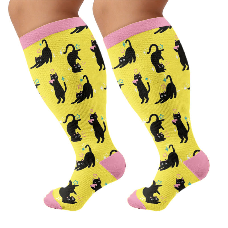 Plusock Plus Size Quirky Cute Cat Compression Socks - Yellow - 4XL - image 7