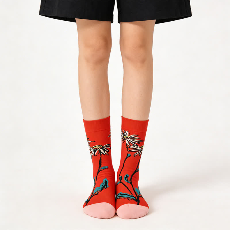 Plusock Red Daisy Cotton Quarter Socks - Red - EU36-43(US3-10) - image 0
