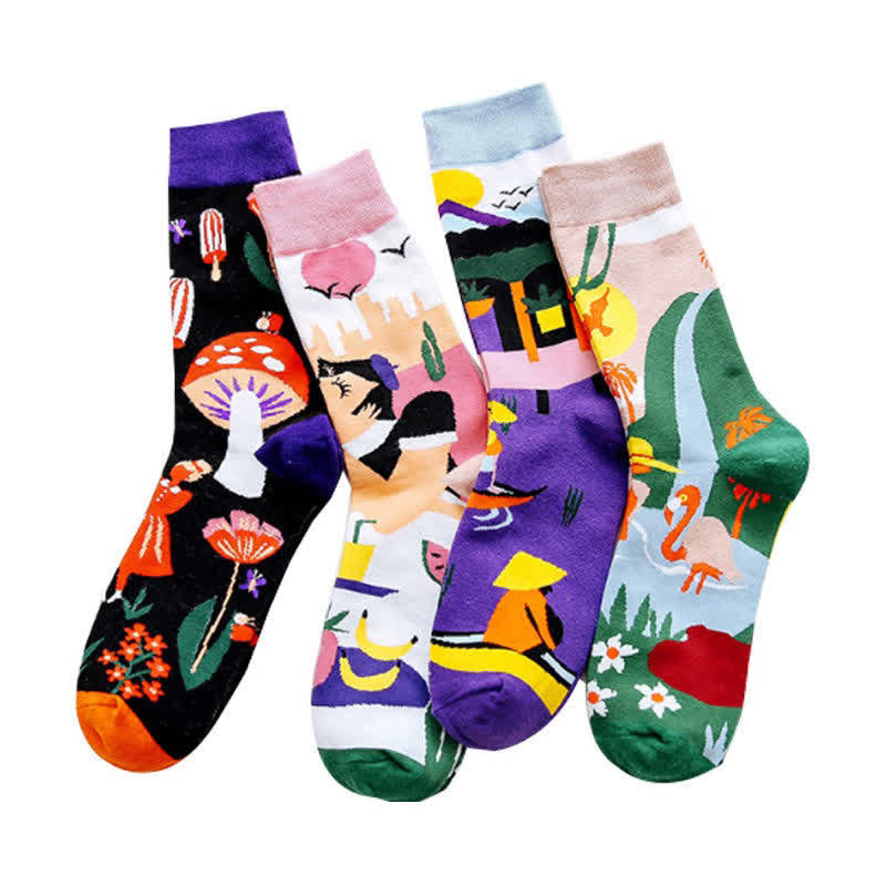 Plusock Cartoon Print Quarter Socks(4 Pairs) - image 1