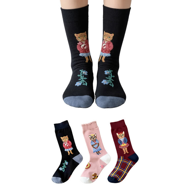 Plusock Cute Cat Flower Quarter Socks(3 Pairs) - Multicolor - EU36-40(US3-7) - image 0