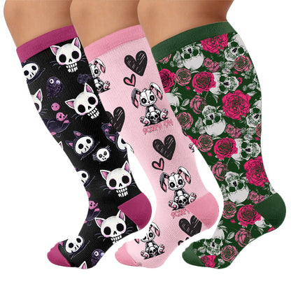 Plusock Plus Size Skull Friendship Print Compression Socks - Multicolor(3 Pairs) - 4XL - image 1