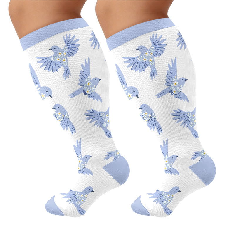 Plusock Plus Size Hummingbird Floral Compression Socks - Blue(1 Pair) - 4XL - image 7