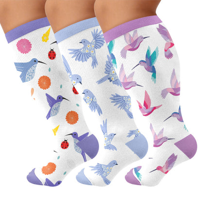 Plusock Plus Size Hummingbird Floral Compression Socks - Multicolor(3 Pairs) - 4XL - image 1