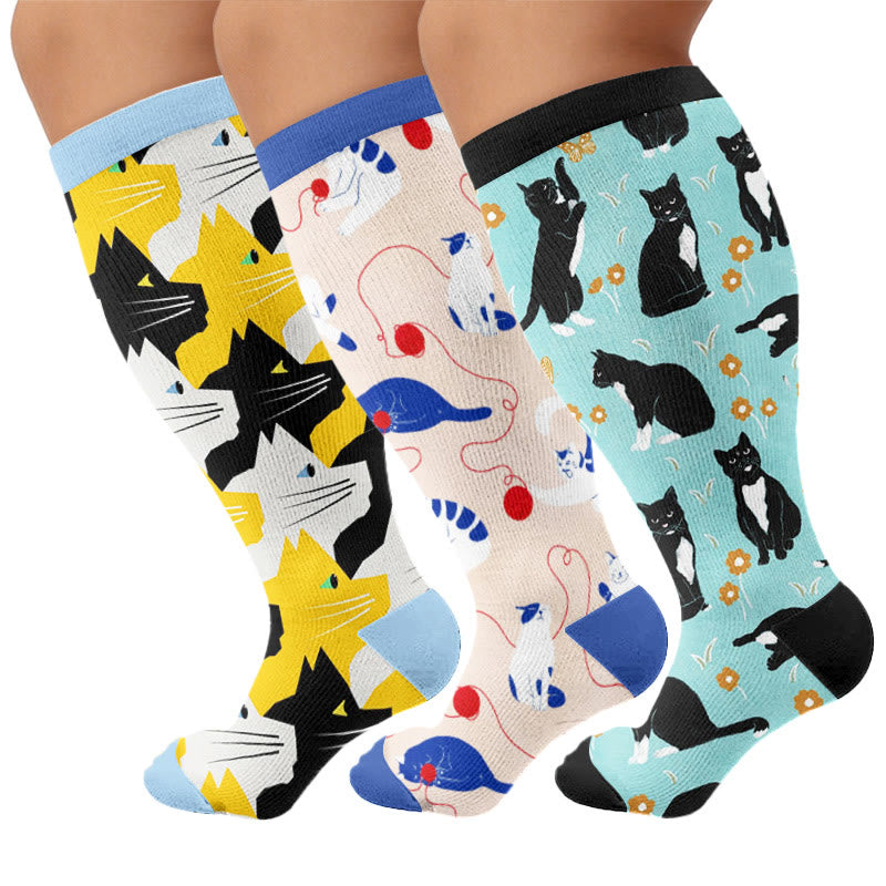 Plusock Plus Size Charming Cat Compression Socks - Multicolor(3 Pairs) - 4XL - image 1