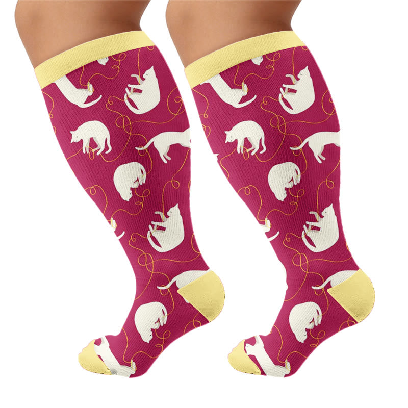 Plusock Plus Size Artistic Cat Print Compression Socks - Red(1 Pair) - 4XL - image 7
