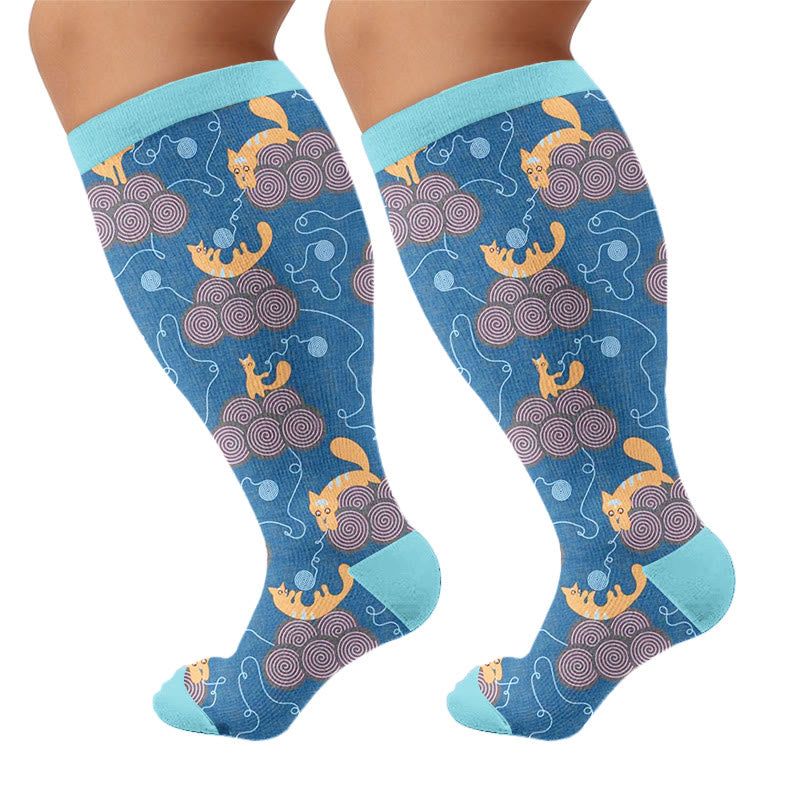 Plusock Plus Size Artistic Cat Print Compression Socks - Blue(1 Pair) - 4XL - image 5