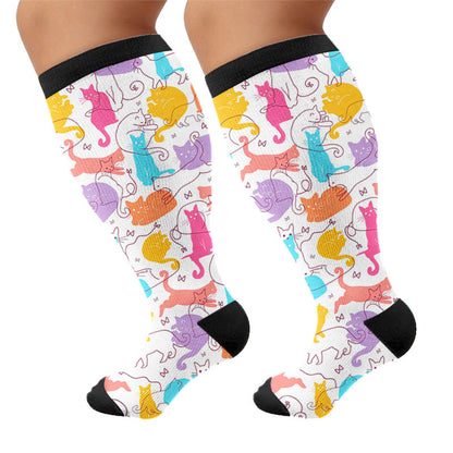 Plusock Plus Size Artistic Cat Print Compression Socks - White(1 Pair) - 4XL - image 6
