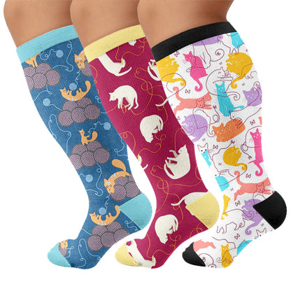 Plusock Plus Size Artistic Cat Print Compression Socks - Multicolor(3 Pairs) - 4XL - image 1