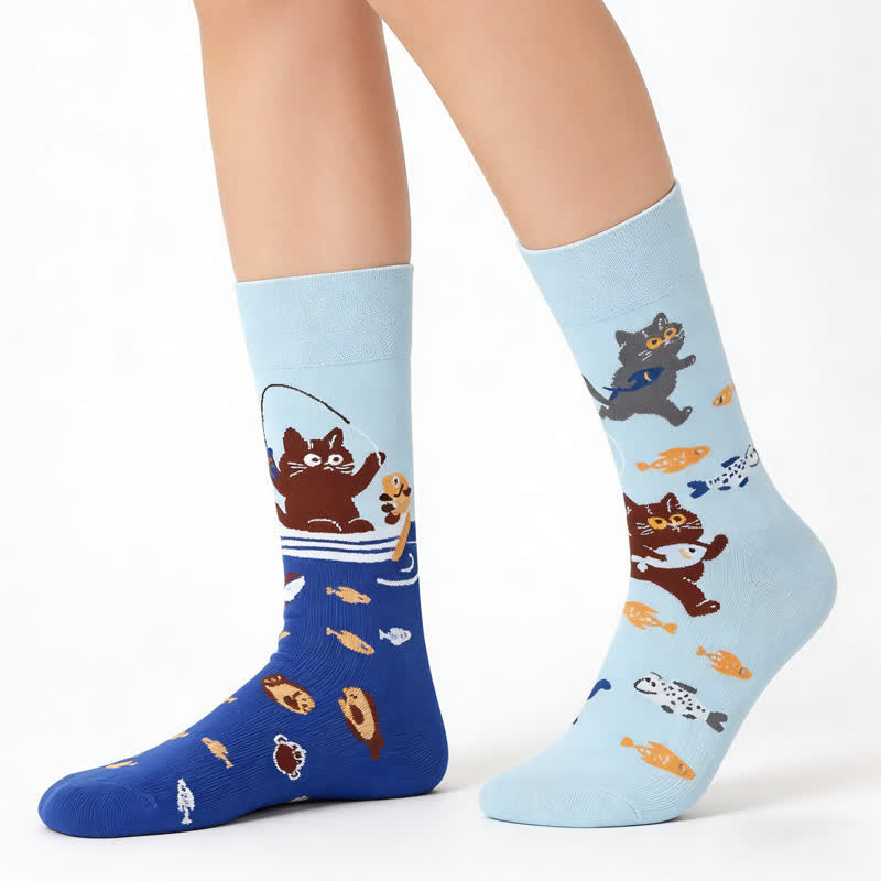 Plusock Cute Cat Fish Quarter Socks - Blue - EU36-43(US3-9) - image 0