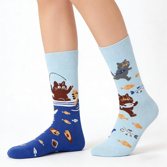 Plusock Cute Cat Fish Quarter Socks - Blue - EU36-43(US3-9) - image 0