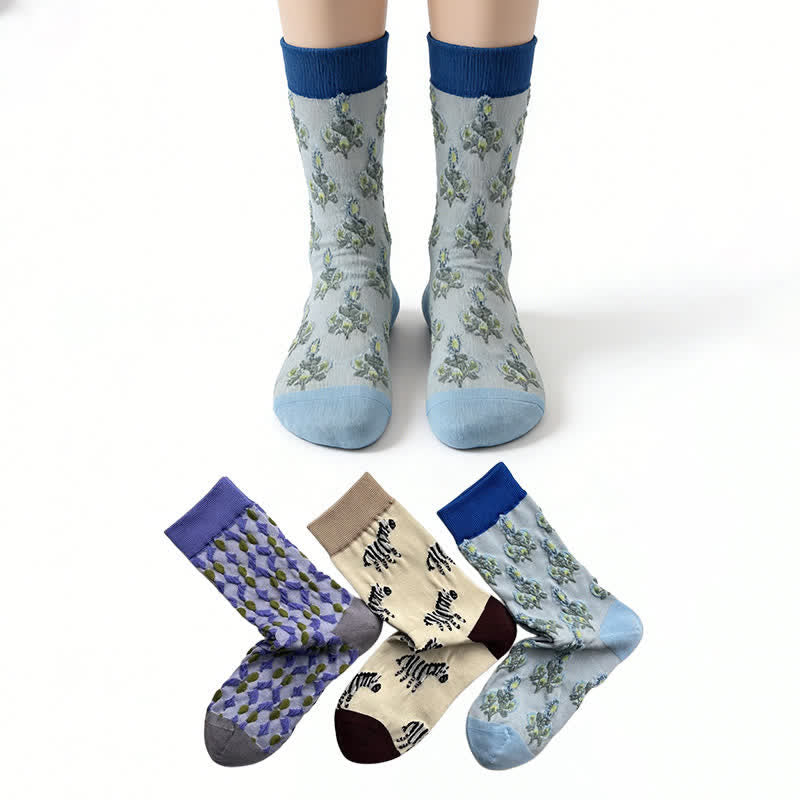 Plusock Lattice Zebra Flower Quarter Socks(3 Pairs) - Multicolor - EU36-40(US3-7) - image 0