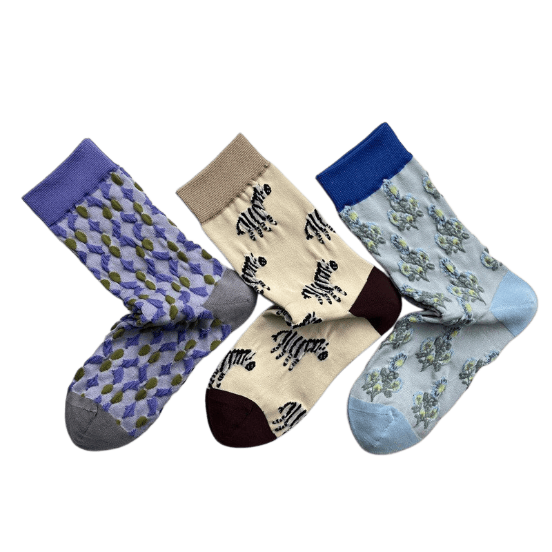 Plusock Lattice Zebra Flower Quarter Socks(3 Pairs) - image 1