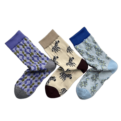 Plusock Lattice Zebra Flower Quarter Socks(3 Pairs) - image 1