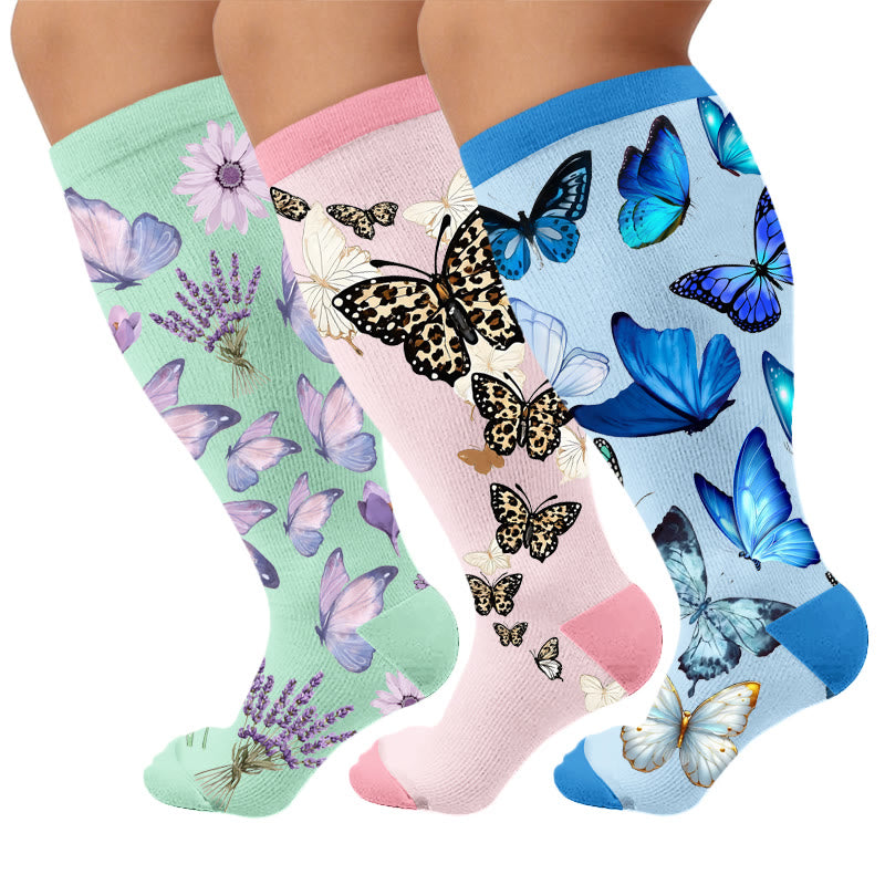 Plusock Plus Size Butterflies Dancing Compression Socks - Multicolor(3 Pairs) - 4XL - image 1