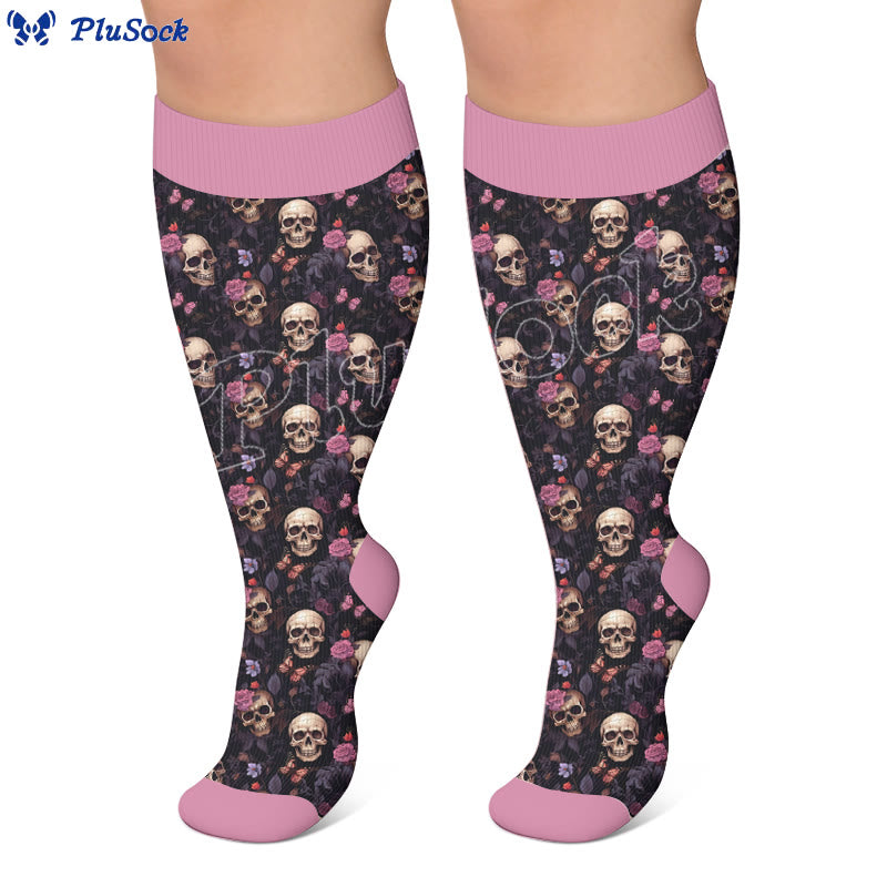 Plusock Plus Size Whimsical Blooms Skull Compression Socks - image 3