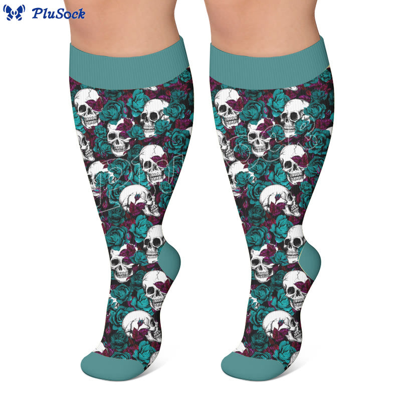 Plusock Plus Size Whimsical Blooms Skull Compression Socks - image 4