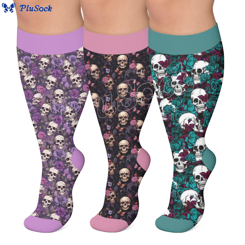 Plusock Plus Size Whimsical Blooms Skull Compression Socks - image 0