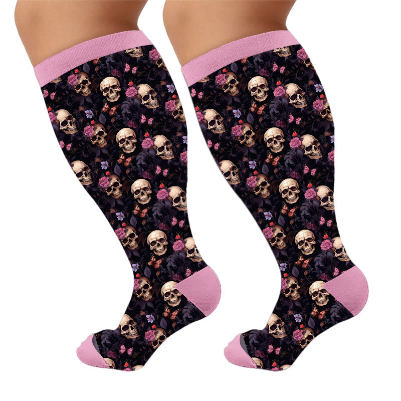 Plusock Plus Size Whimsical Blooms Skull Compression Socks - Red(1 Pair) - 4XL - image 6