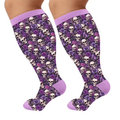 Plusock Plus Size Whimsical Blooms Skull Compression Socks - Purple(1 Pair) - 4XL - image 5