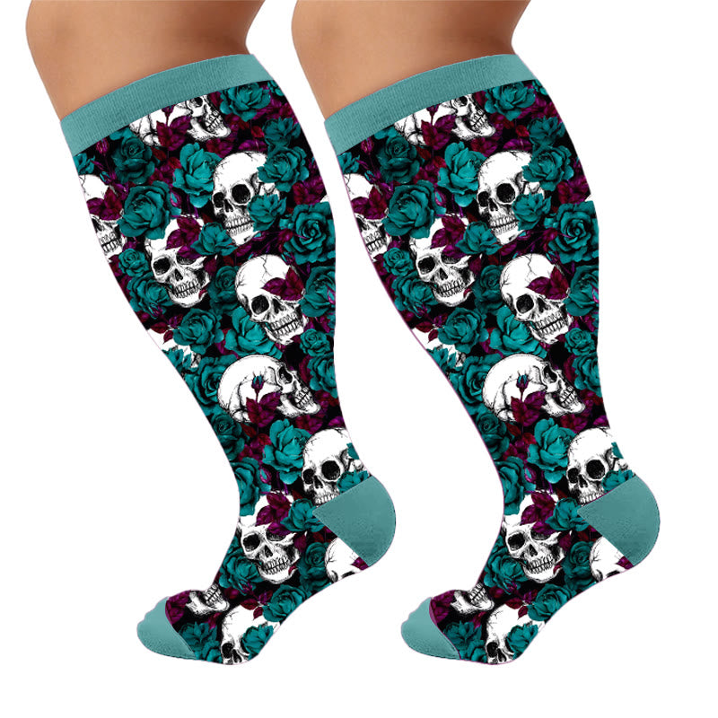 Plusock Plus Size Whimsical Blooms Skull Compression Socks - Blue(1 Pair) - 4XL - image 7