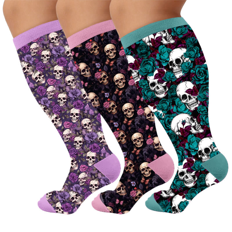 Plusock Plus Size Whimsical Blooms Skull Compression Socks - Multicolor(3 Pairs) - 4XL - image 1