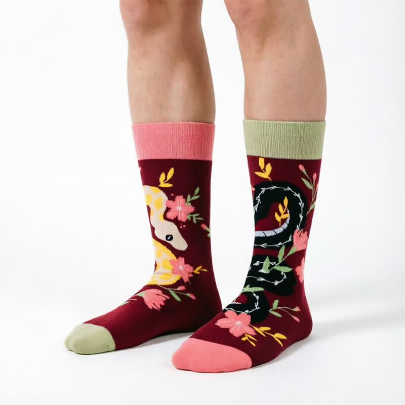 Plusock Snake Floral Quarter Socks - Red - EU35-43(US2-9) - image 0